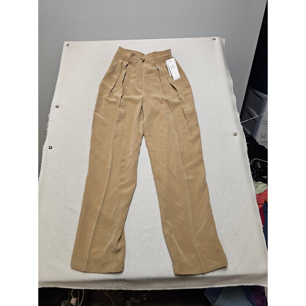 Jones New York Marrakesh Silk Trousers Sand Tan Pleated Cuffed Pants Size 6 NEW